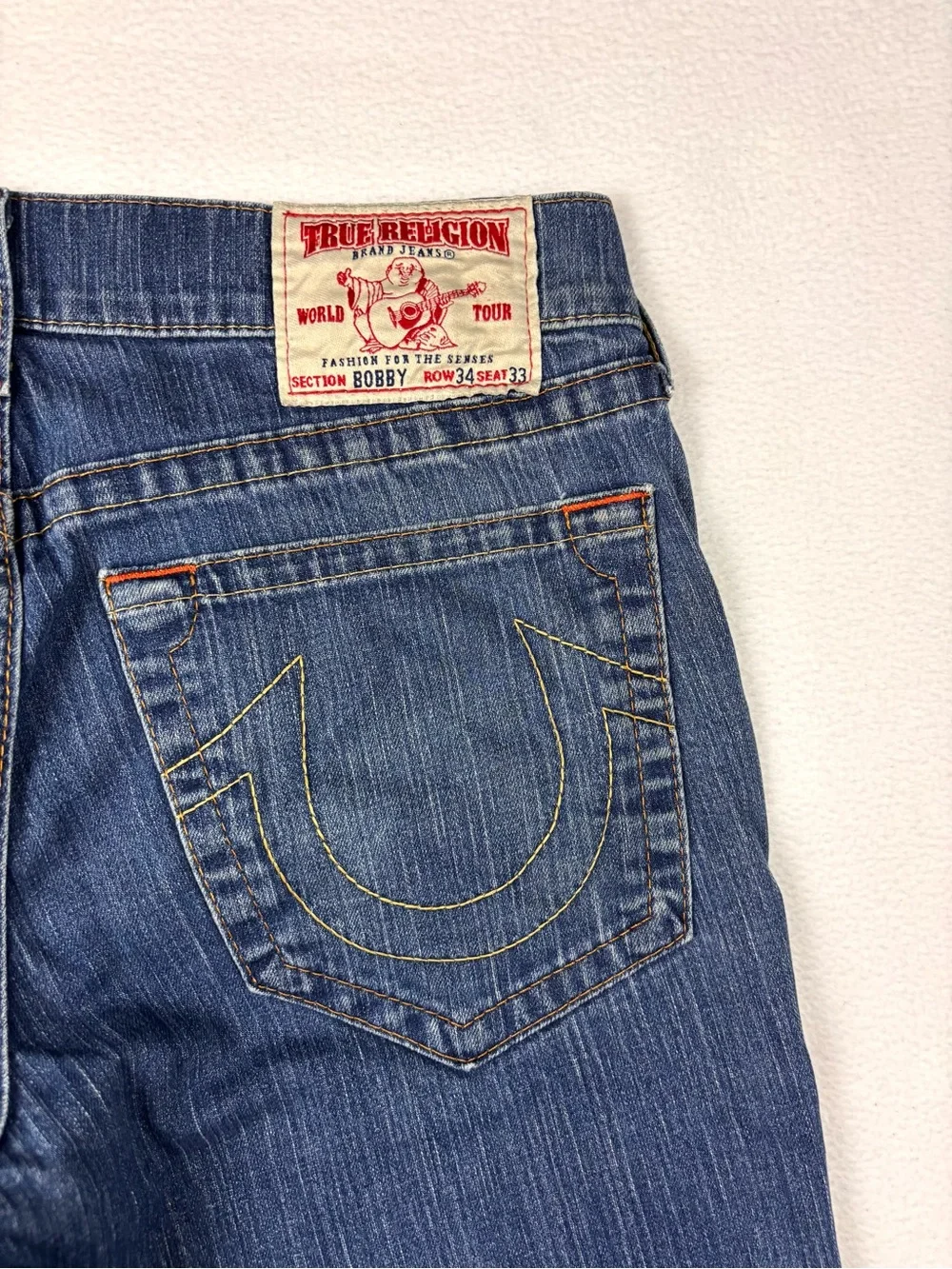 Vintage True Religion Bobby World‎ Tour Blue Denim Cut Off Shorts Sz 34